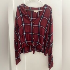 MELLODAY Red Plaid Button-Front Tie-Hem Top